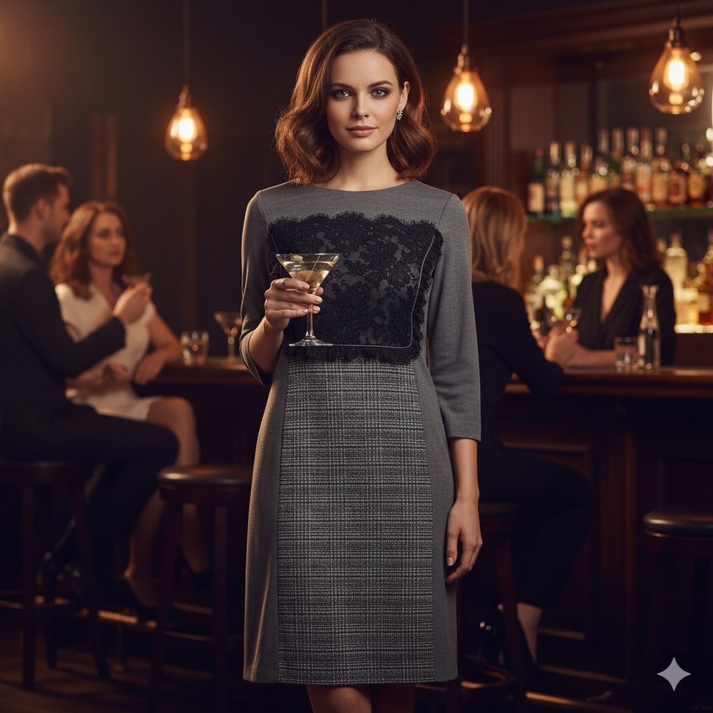 Shannon McLean Lace Tweed Dress Women 4 Gray Black Knee Length‎ 3/4 Sleeve Work